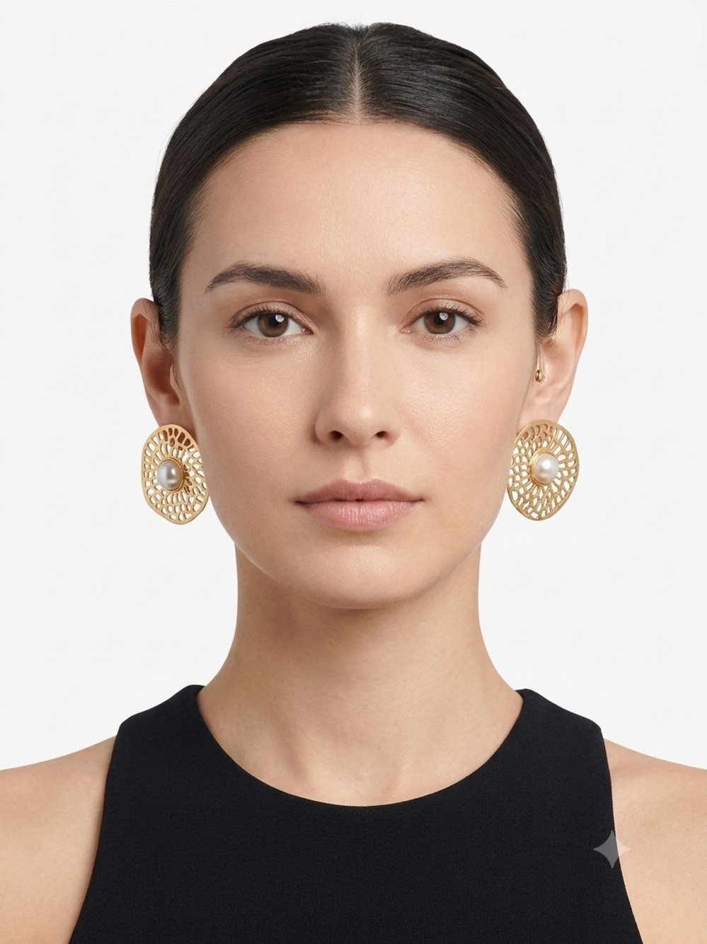 Gold Filigree Pearl Center Statement Earrings - Women Jewelry Clip on